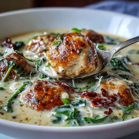 Golden-brown turkey meatballs simmer in a rich garlic Parmesan broth, mixed with wilted spinach and sun-dried tomatoes for a hearty Creamy Tuscan Turkey Meatball Soup.