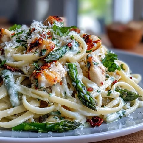Roasted asparagus and tender chicken tossed with linguine in a creamy Asiago cheese sauce.