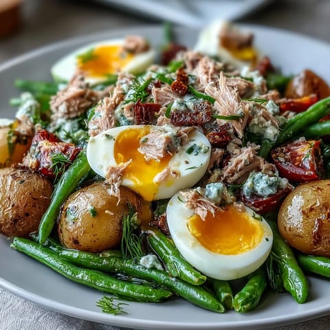 A vibrant Spring Niçoise Salad with tender tuna, crisp green beans, and soft-boiled eggs, drizzled with zesty Dijon vinaigrette.