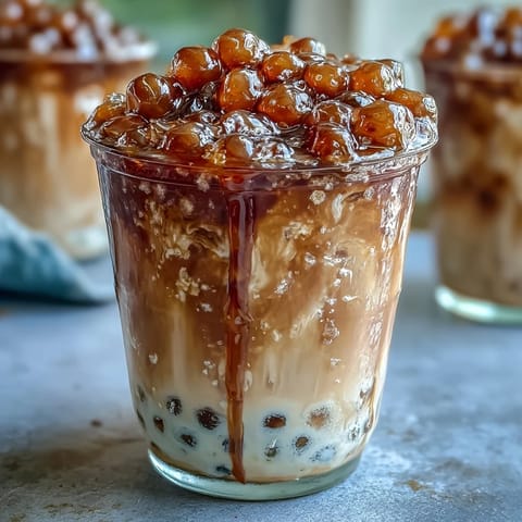 Creamy brown sugar boba milk tea with chewy tapioca pearls and a rich brown sugar drizzle in a clear glass.