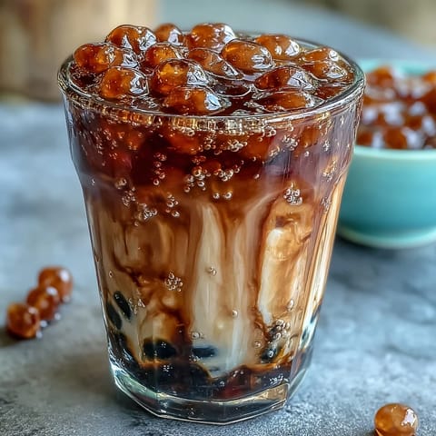 Homemade brown sugar tapioca pearls swim in layered milk tea, garnished with a thick, glossy syrup swirl.