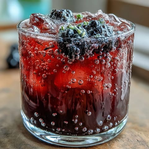 Blackberry lavender lemonade fizz glistening with fresh berries and ice cubes.