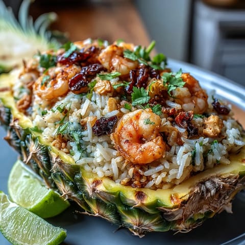 Vibrant pineapple fried rice served in a hollowed pineapple shell with shrimp, colorful vegetables, and cashews.  