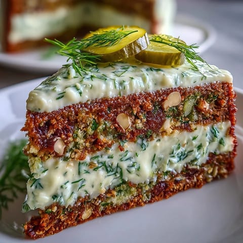 Savory Pickle Cake with dill frosting, a visually surprising appetizer masterpiece.