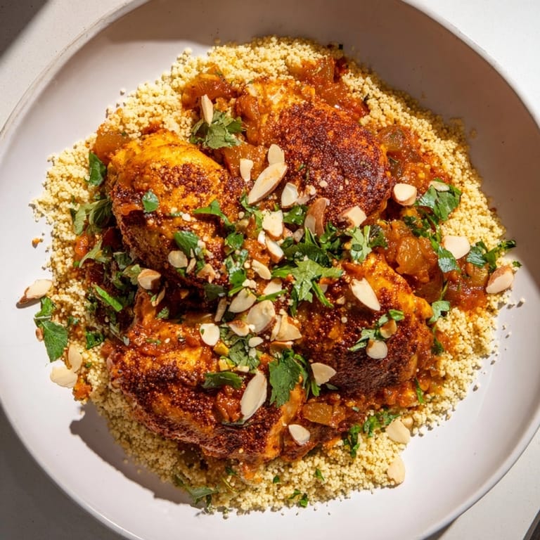 Warm spices infuse juicy Moroccan Chicken with Apricot Couscous; perfect comforting dinner recipe.