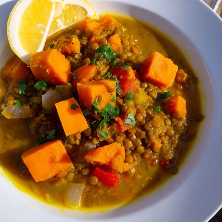 Vegan Curried Sweet Potato and Lentil Stew bursting with flavor and vibrant colors.