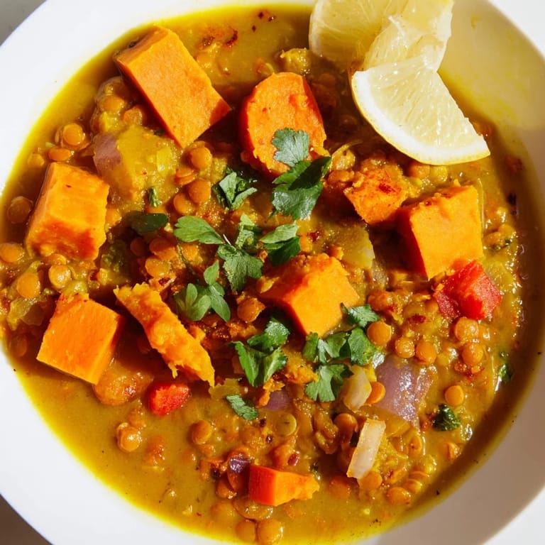 Aromatic Curried Sweet Potato and Lentil Stew simmering in a rich coconut broth.  