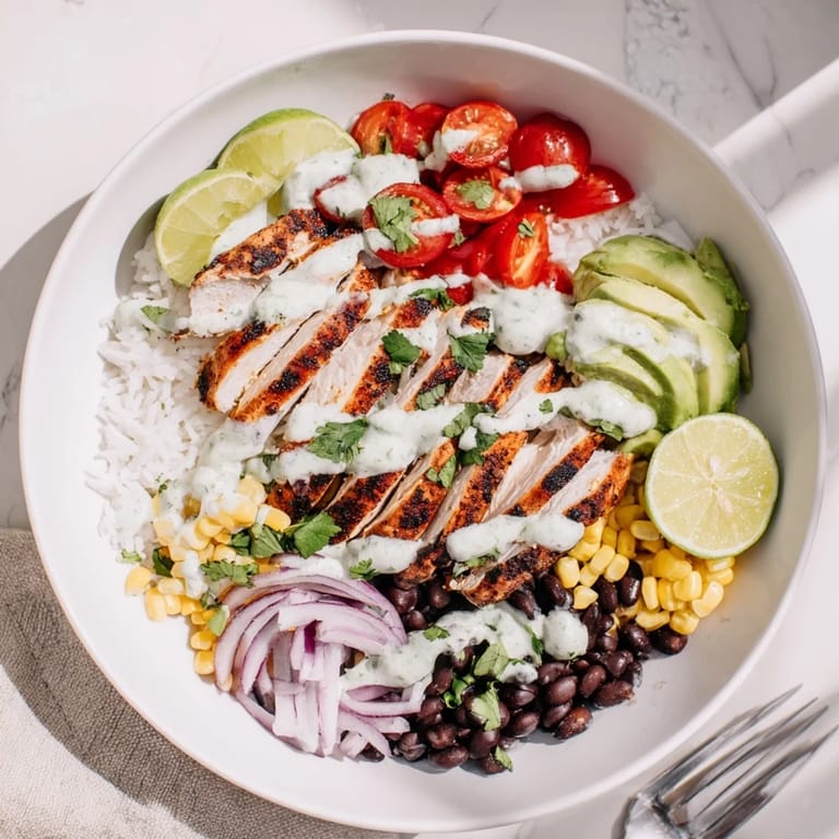Colorful lime-marinated chicken bowls brimming with fresh ingredients and flavorful drizzle.