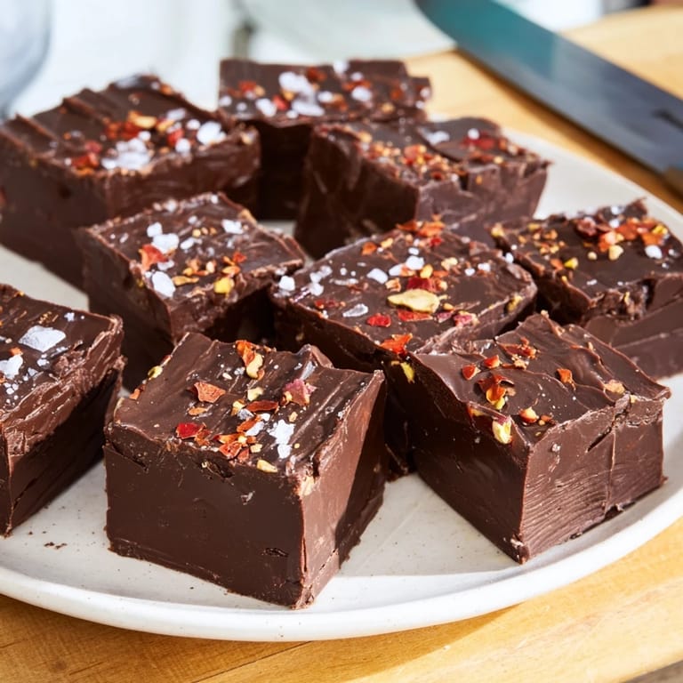 Rich chocolate chili fudge bars with a hint of spice, perfect for dessert lovers.  