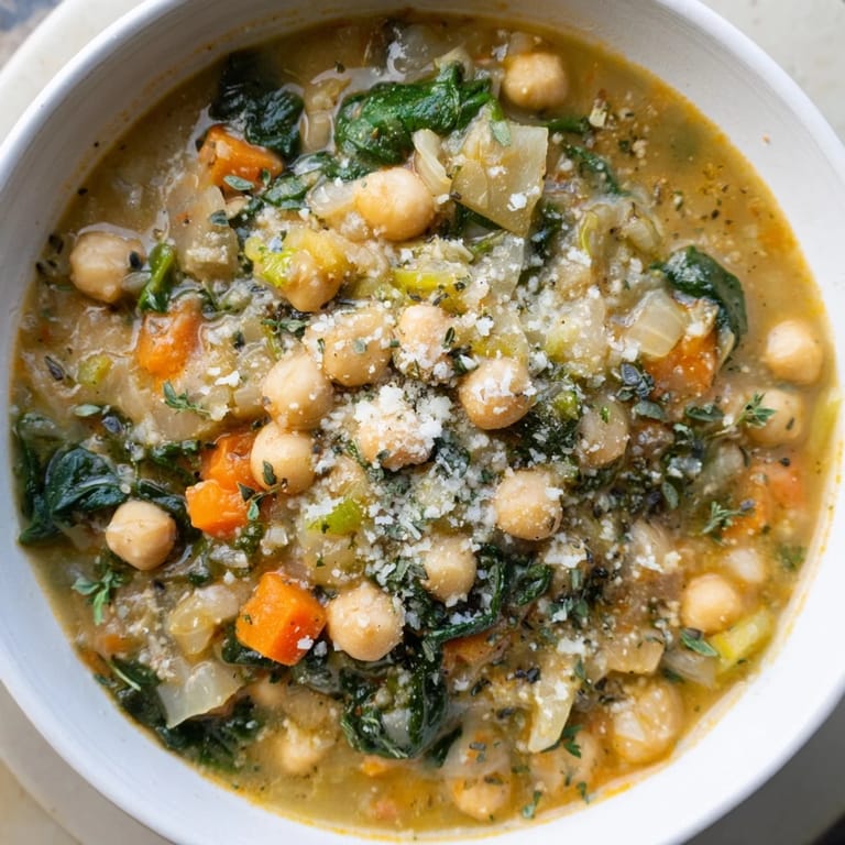 Vibrant bowl of Tuscan Chickpea and Spinach Soup garnished with parsley and cheese.