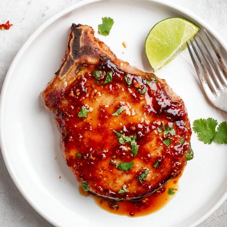 Tender pork chops marinated in chipotle honey sauce, garnished with fresh lime wedges.  