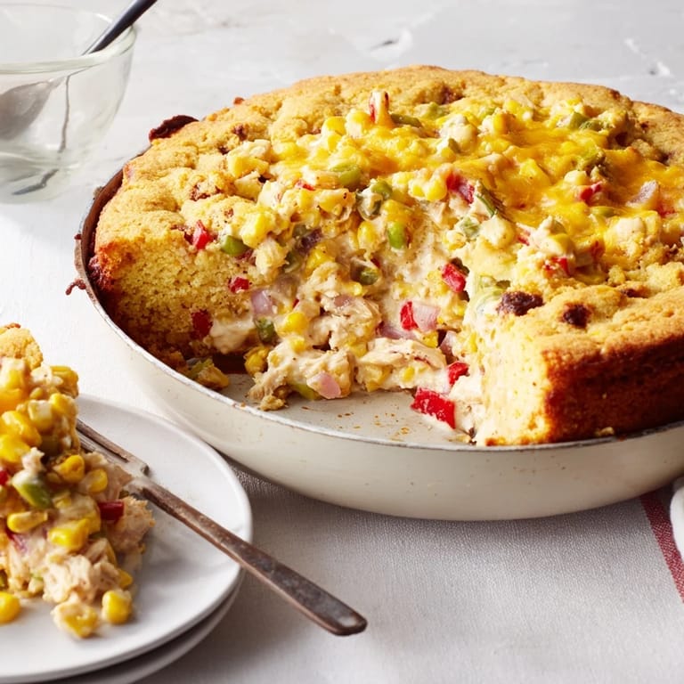 Delicious Cheesy Cornbread Chicken Bake served warm, perfect for family dinners.  