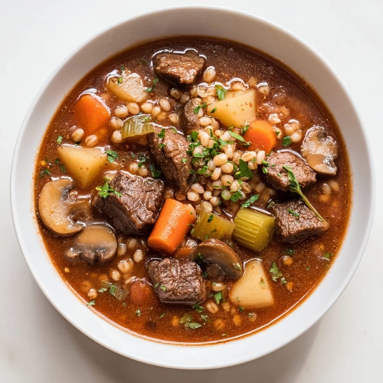 A steaming bowl of Hearty Beef and Barley Stew garnished with parsley, ideal for cozy evenings.  