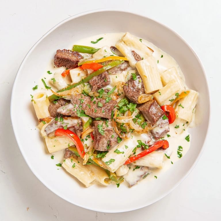 Creamy Philly Cheese Steak Pasta, featuring cooked penne and juicy steak with colorful peppers and onions.