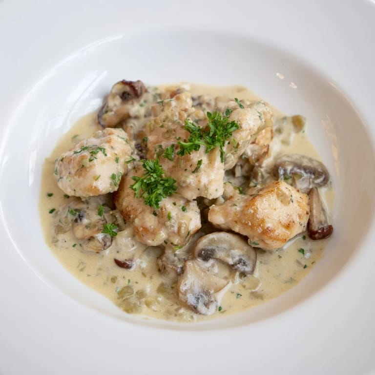 A close-up view of Creamy Chicken Stroganoff, served hot over noodles—a comforting, hearty meal.