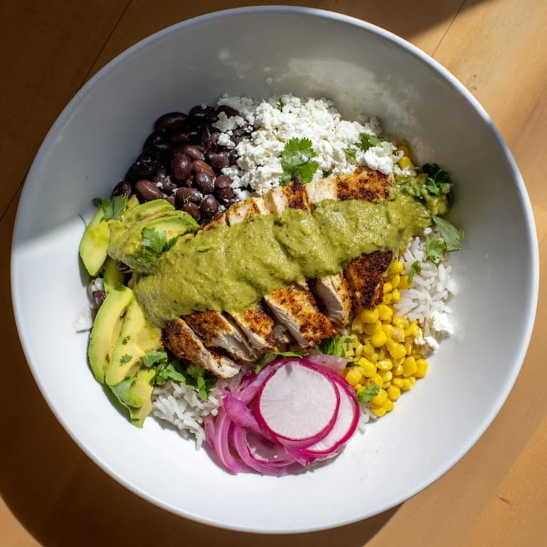 Flavorful Green Enchiladas Rice Bowl with tender chicken, avocado, and fresh cilantro, a delicious meal.