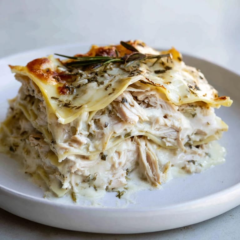 A close-up view of layered Rosemary Chicken Lasagna with melted mozzarella and Parmesan cheese.