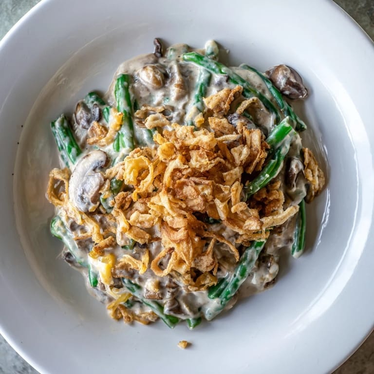 Tender green beans are coated in a rich mushroom sauce in this Old-School Green Bean Casserole, topped with crispy onions.