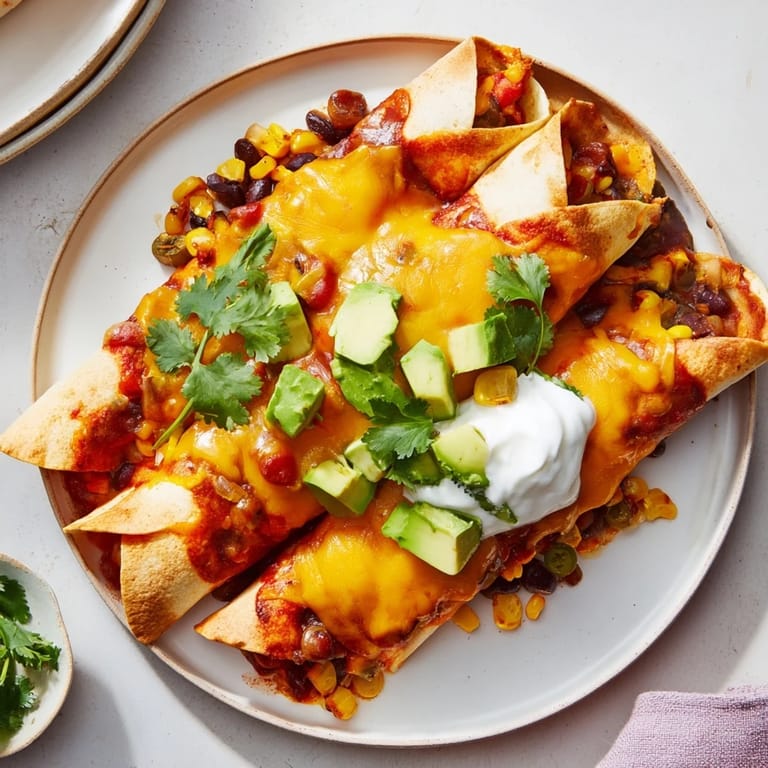 Warm, cheesy, and saucy Farmers Market Vegetarian Enchiladas featuring a vibrant medley of fresh ingredients.
