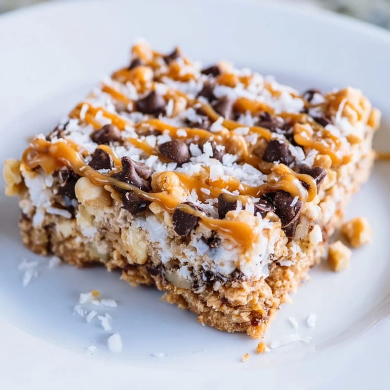 Perfectly cut squares of 7-Layer Magic Bars showing layers, drizzled with sweet, salty caramel.