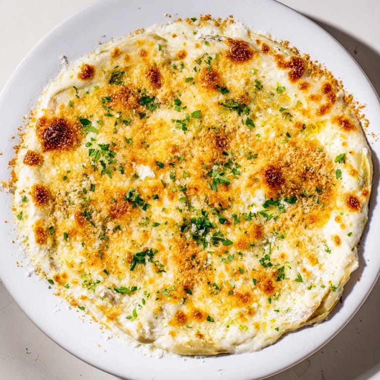 Savory baked artichoke dip with melted cheese and fresh parsley, ideal for a party platter.