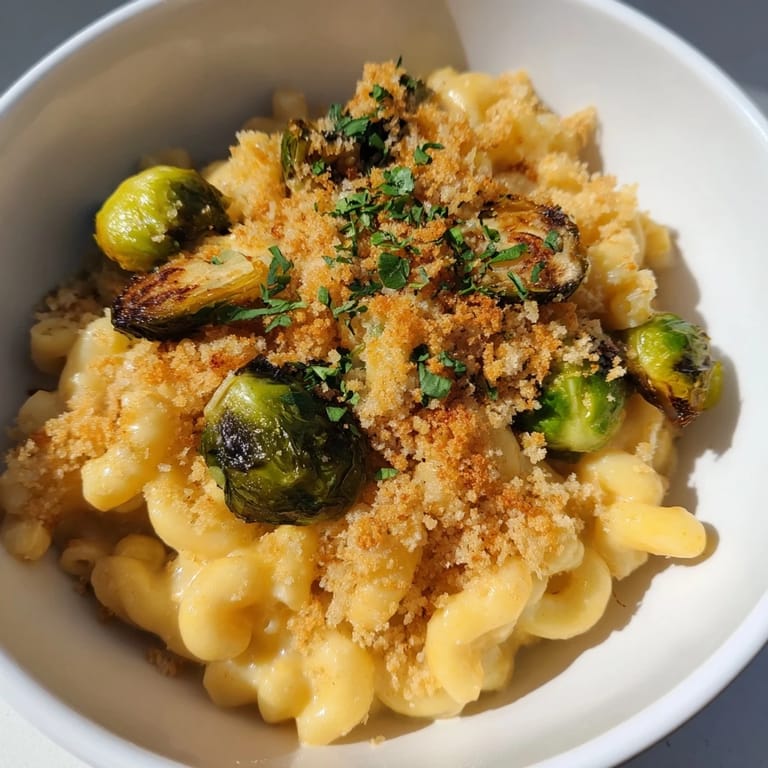 Sheet pan mac and cheese recipe: creamy cheese sauce over pasta baked with crispy Brussels sprouts.