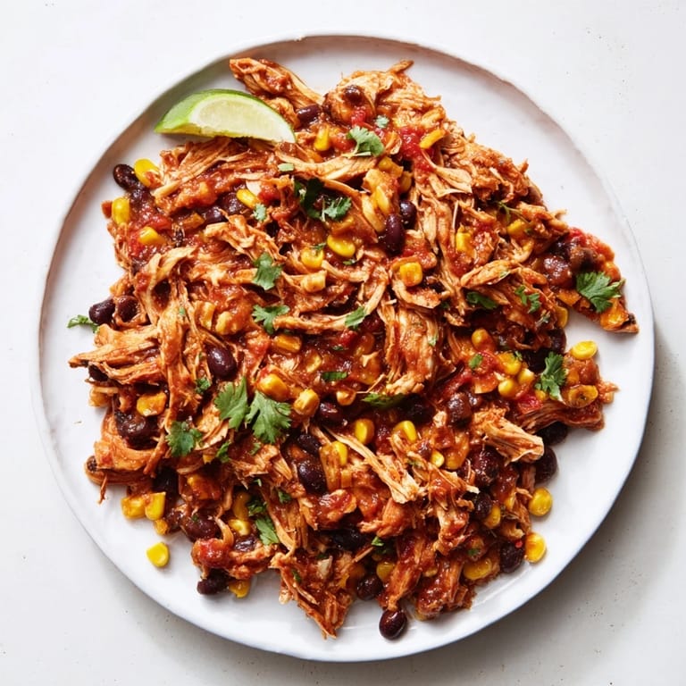 This vibrant photo shows a slow cooker full of richly seasoned Slow Cooker Salsa Chicken for delicious meals.
