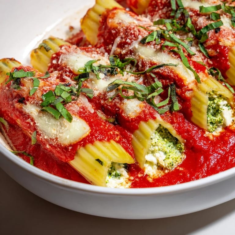 Golden-brown Cozy Broccoli Stuffed Manicotti, a comforting Italian-American vegetarian dinner, ready to enjoy.