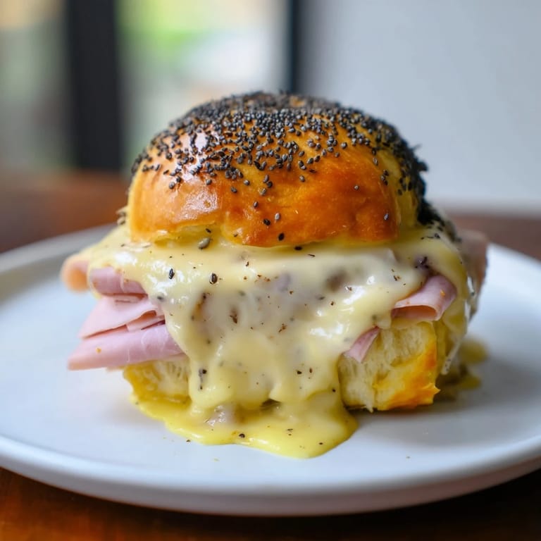 Melted Swiss cheese and ham layers inside soft Hawaiian rolls: these delicious Baked Ham and Cheese Party Sliders.