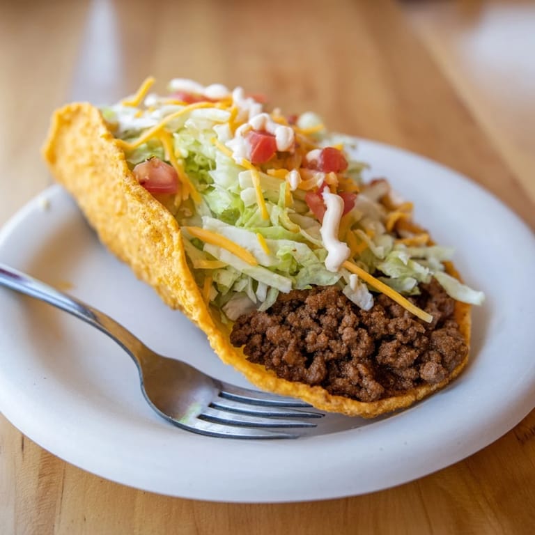 A perfectly-assembled Cheesy Gordita Crunch Taco with vibrant toppings and melty cheese looks delicious.