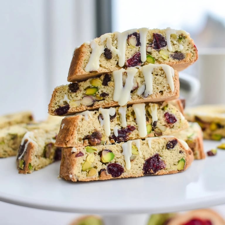 Close-up of golden brown White Chocolate Cranberry Pistachio Biscotti, loaded with cranberries and nuts, ready for a delicious bite.