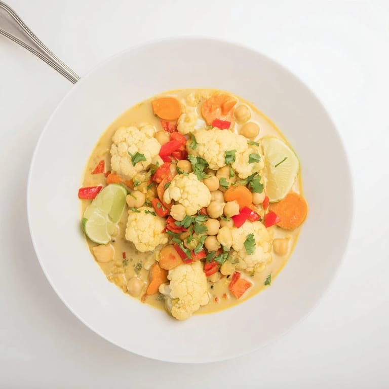 A hearty, flavorful curried cauliflower and chickpea coconut stew with vibrant red bell peppers.