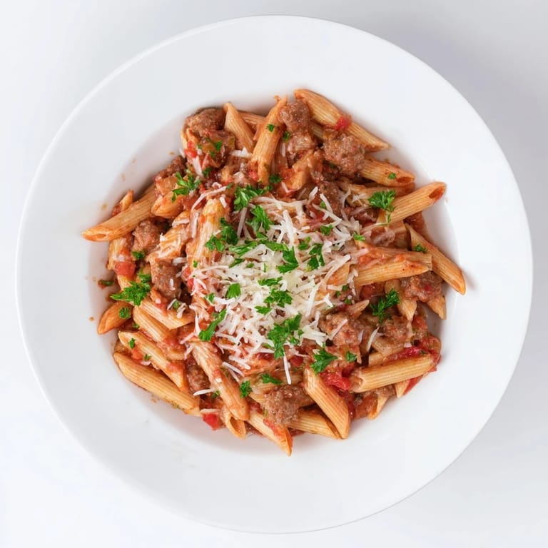 A close-up of a bubbling Budget Sausage and Cheese Pasta Bake with melted cheese and red sauce.