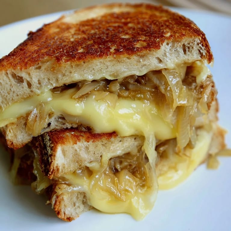 Savory French onion grilled cheese, showcasing melted Gruyère and mozzarella on crusty sourdough, ready to eat.