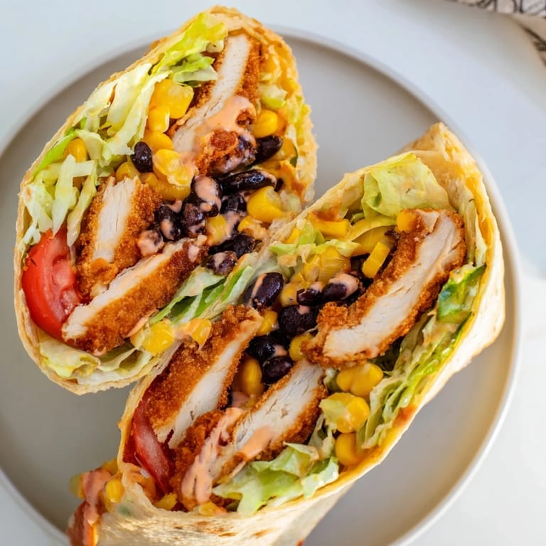 Close-up of a Southwest chicken wrap cut in half, showcasing its flavorful fillings and textures on a plate.