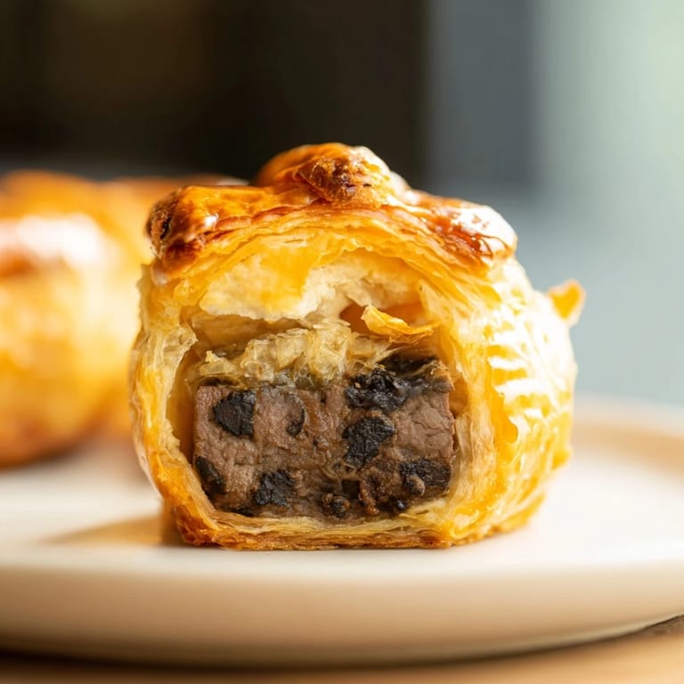 Crispy puff pastry wraps savory beef cubes in these festive Simplified Christmas Beef Wellington Bites, cooked to a perfect golden brown.