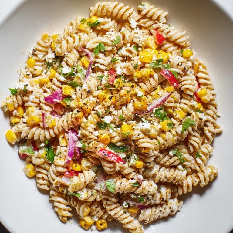 Enjoy a delicious plate of Healthier Mexican Street Corn Pasta Salad, perfect for summer potlucks.