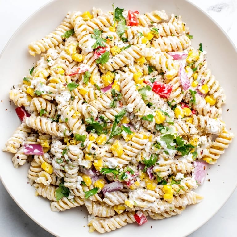 Vibrant Healthier Mexican Street Corn Pasta Salad: a refreshing, flavorful pasta salad with lime and herbs.