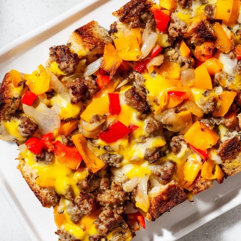 Hot, cheesy Lightning-Fast Breakfast Sausage Casserole served with a side of fresh, diced bell peppers.