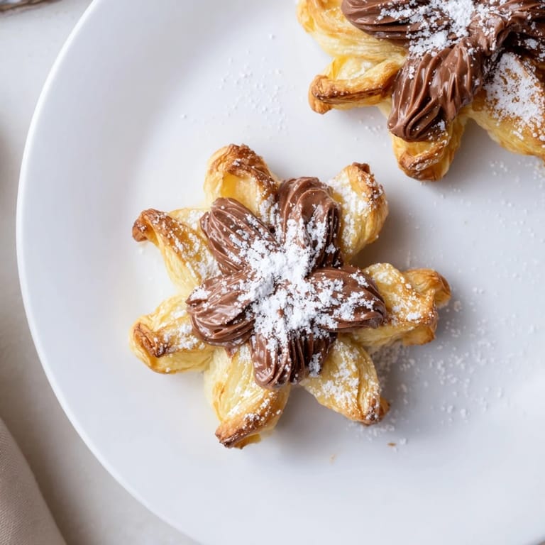 Close-up of baked Express Nutella Puff Pastry Snowflakes, oozing chocolatey Nutella filling, a delightful treat indeed.