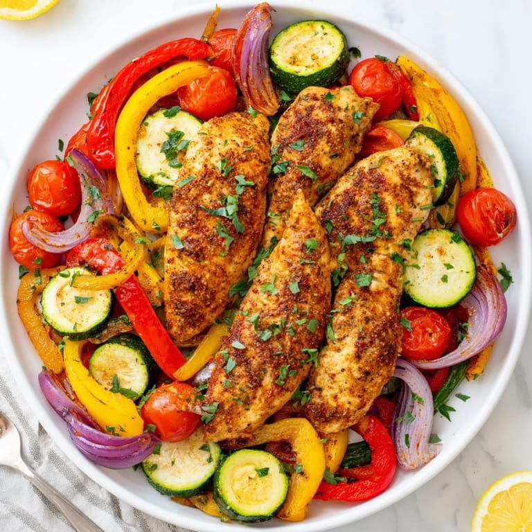 Aromatic Sheet Pan Lemon Oregano Chicken Cutlets: Tender chicken and vegetables drizzled with olive oil.