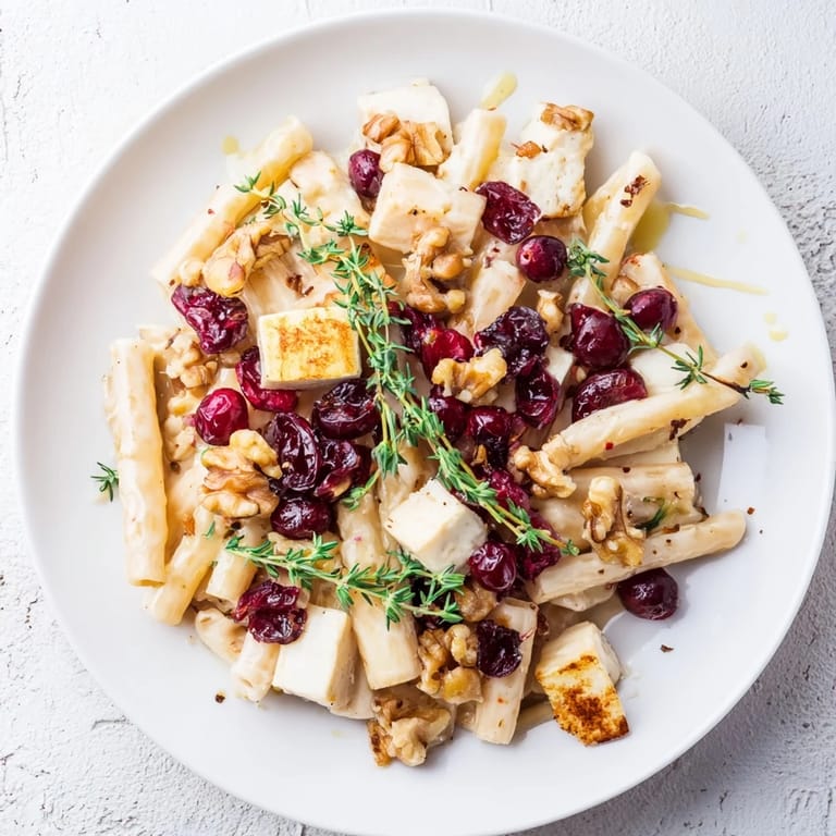 Festive Baked Brie & Cranberry Pasta: gooey Brie melts beautifully with sweet cranberries in this dish.