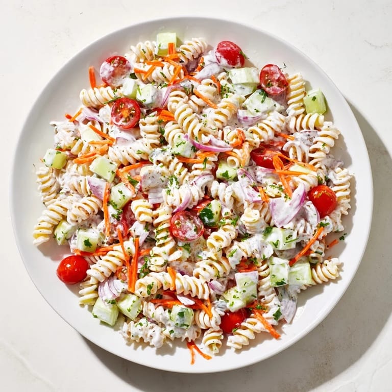 Tender pasta tossed in creamy hemp seed ranch, a delicious Vegan Hemp Seed Ranch Pasta Salad.