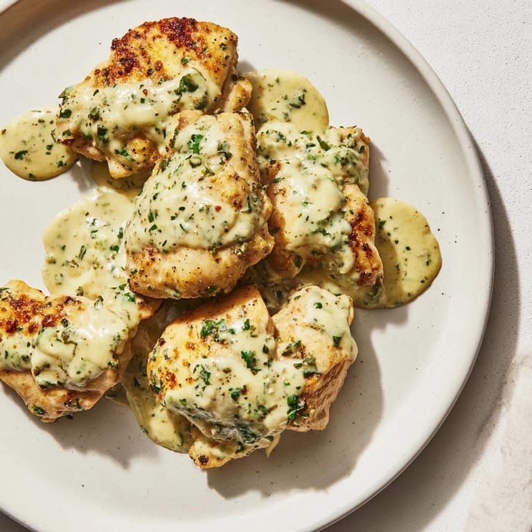 Enjoy a comforting plate of lighter creamy tarragon chicken, garnished with fresh herbs and zesty lemon.