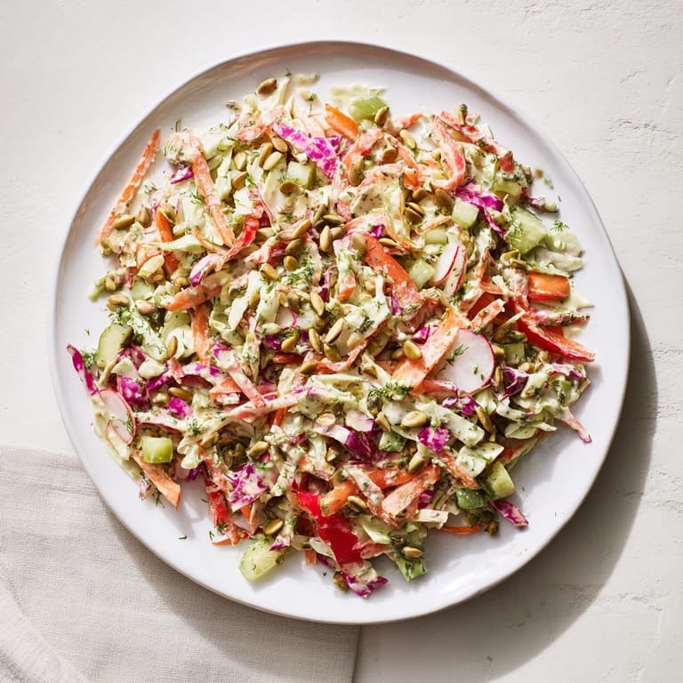 Close-up of the fresh and flavorful Green Goddess Confetti Chop Slaw, ready to serve and enjoy.