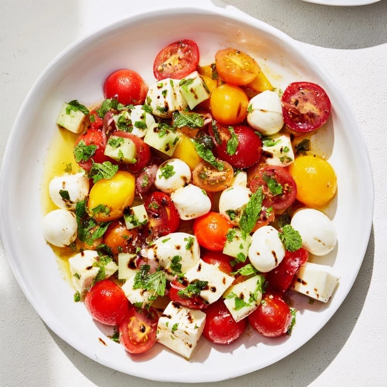 Fresh, chopped Simple Holiday Caprese Salad with basil, ready to serve at your next gathering.