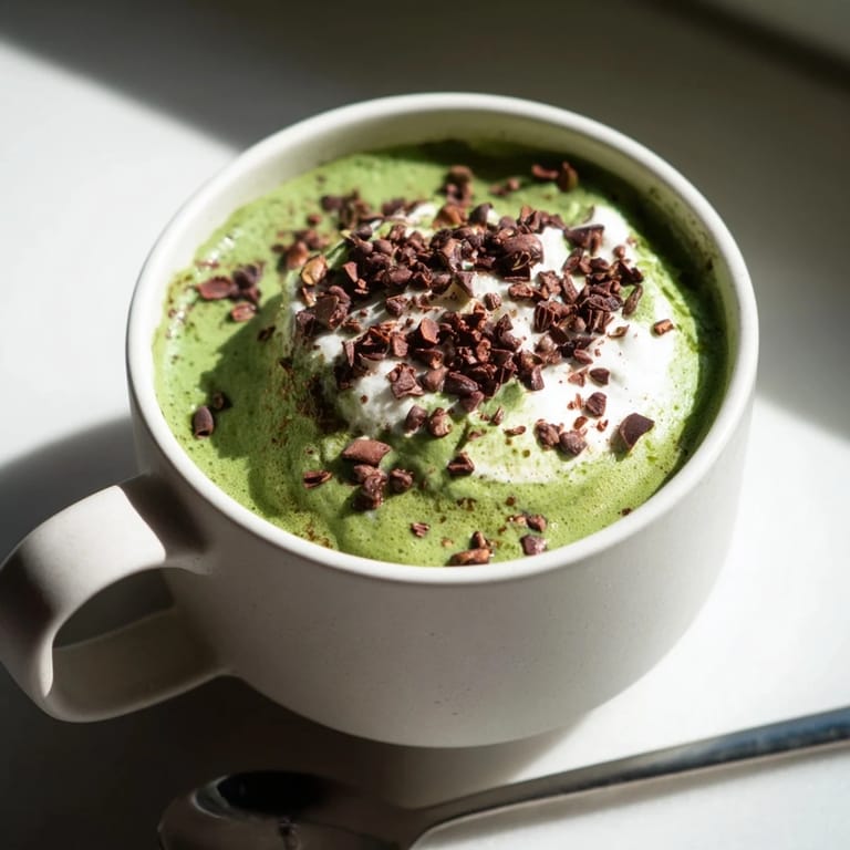 Garnish this creamy Collagen Peppermint Mocha Matcha Latte with whipped cream and chocolate shavings for extra flavor.