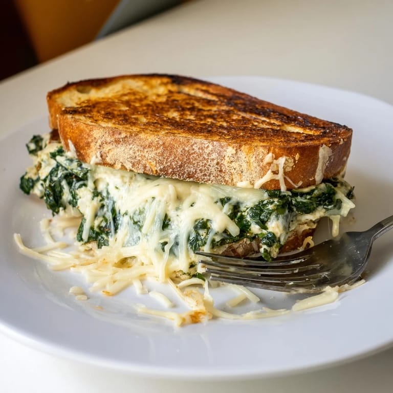 A close-up of a perfectly grilled Air Fryer Spinach & Artichoke Dip Grilled Cheese, with melted cheese.