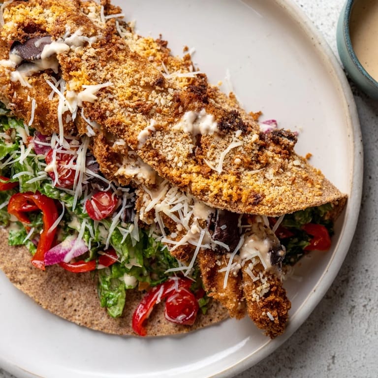 Close-up of a festive Crispy Santa Hat Chicken Caesar Wrap, with roasted red peppers arranged as hats.
