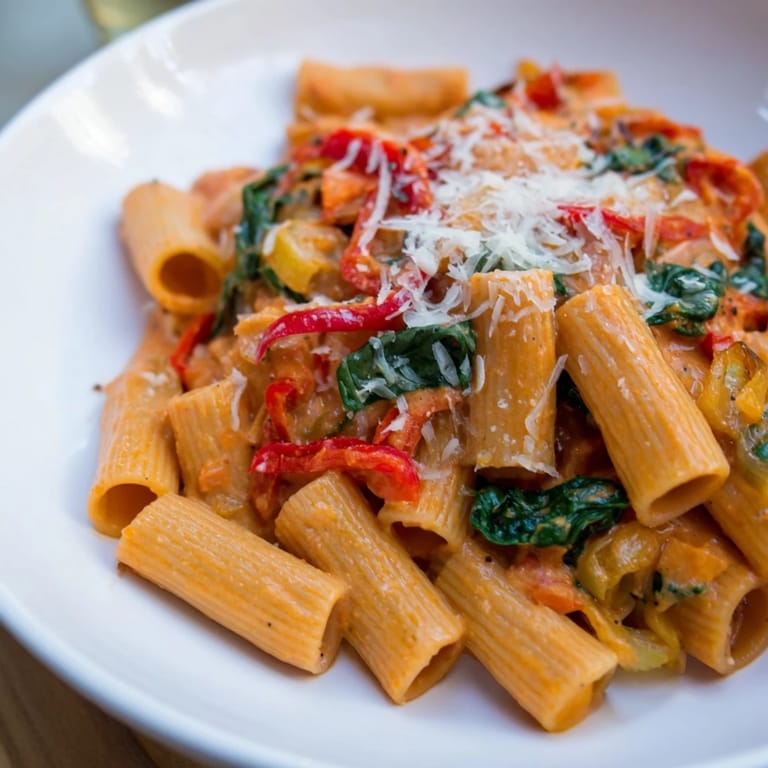 A colorful, festive view of Lightened-Up Vodka Rosé Christmas Pasta, ready to serve with Parmesan.